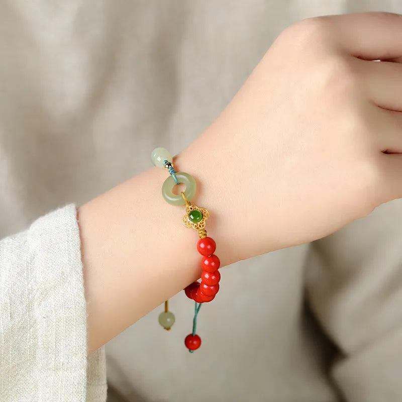 8mm cinnabar and Hetian gray jade flower bracelet in retro ethnic style for women