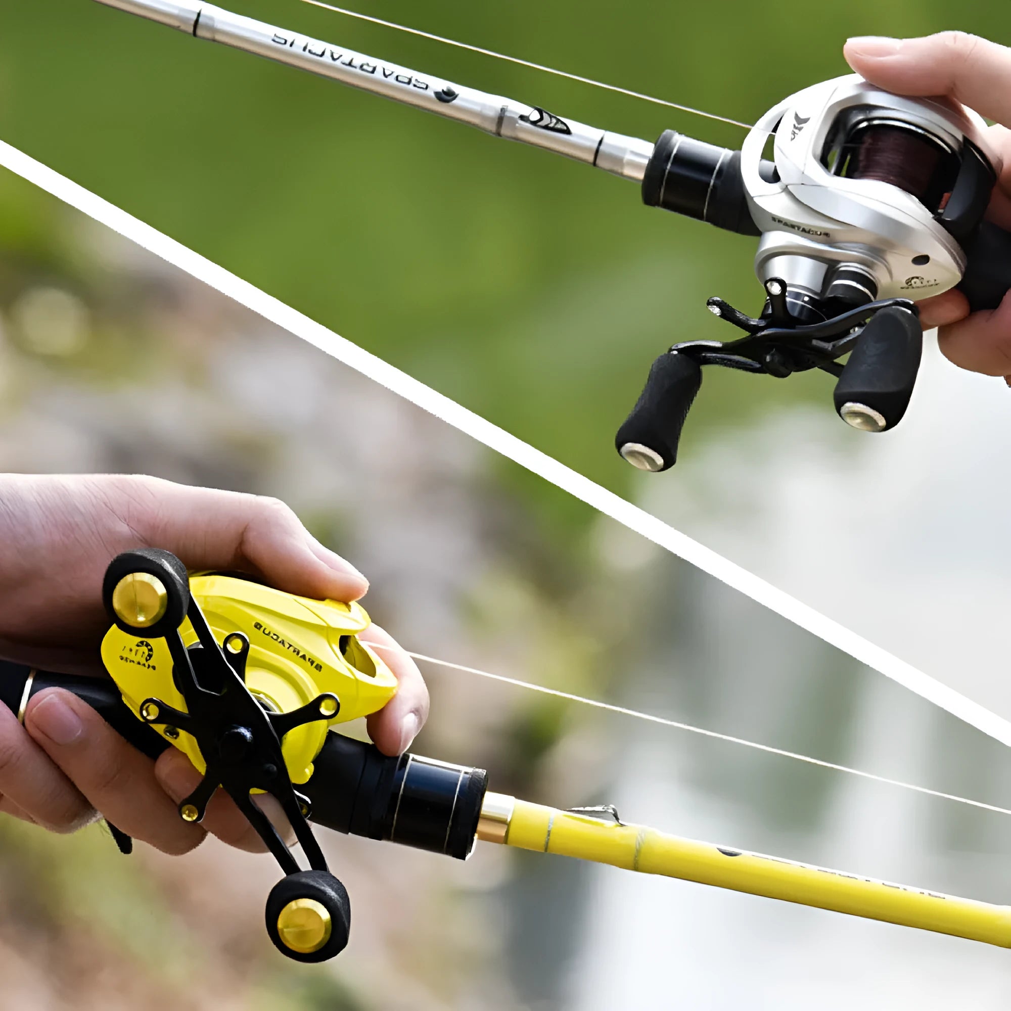Yellow water drop baitcasting reel with left-hand retrieve showing dual brake dials and graphite body
