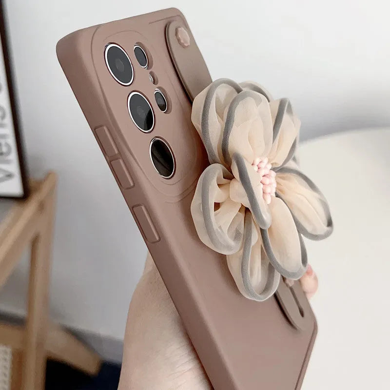 Silicone wrist strap bracket phone case for Samsung in frosted finish, brown colour