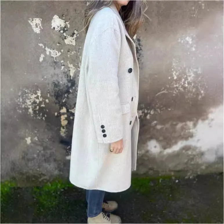 Women's mid-length double-breasted polyester casual jacket in solid colour with collar and long sleeves