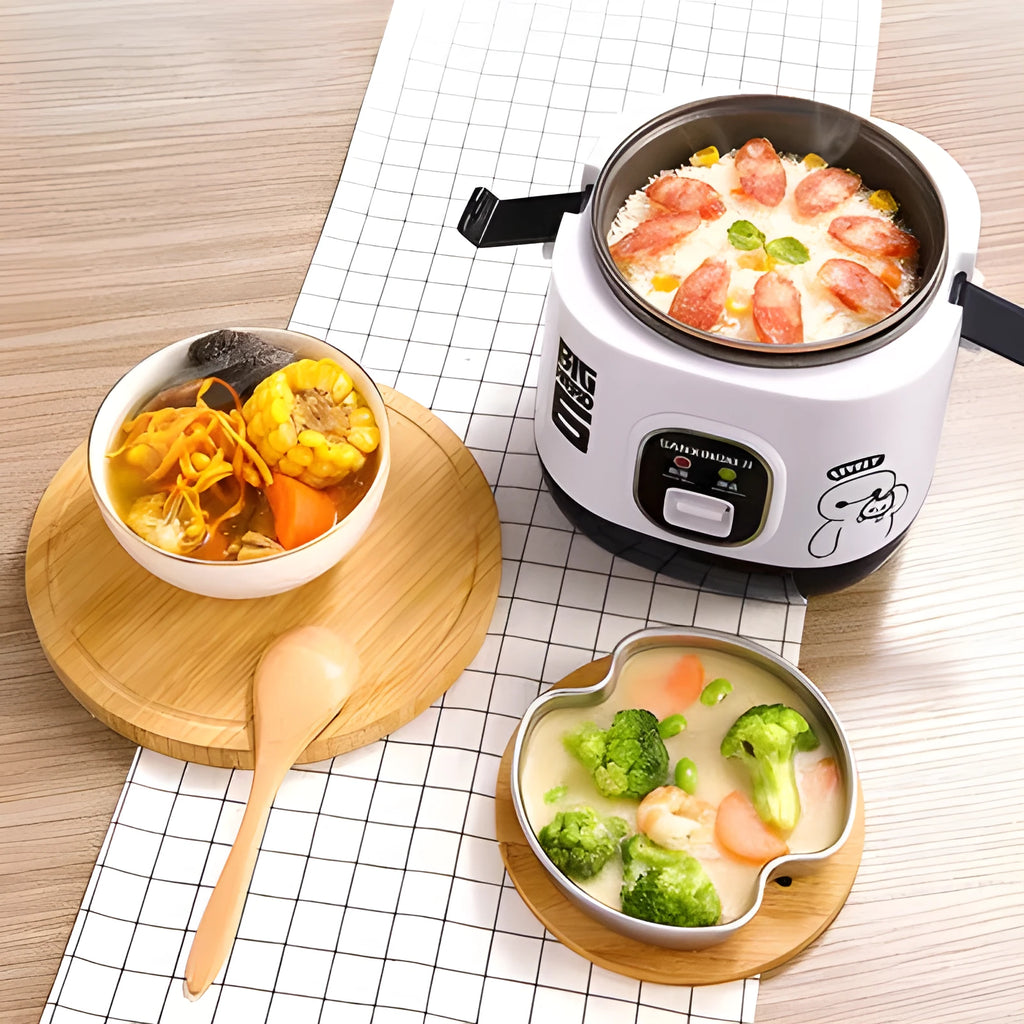 Miniature automatic rice cooker with round shape and 2L capacity for one to two person cooking