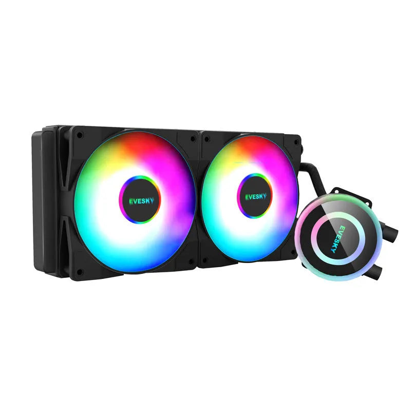 Aluminium CPU radiator with fan, shown in 120mm size with colour options.