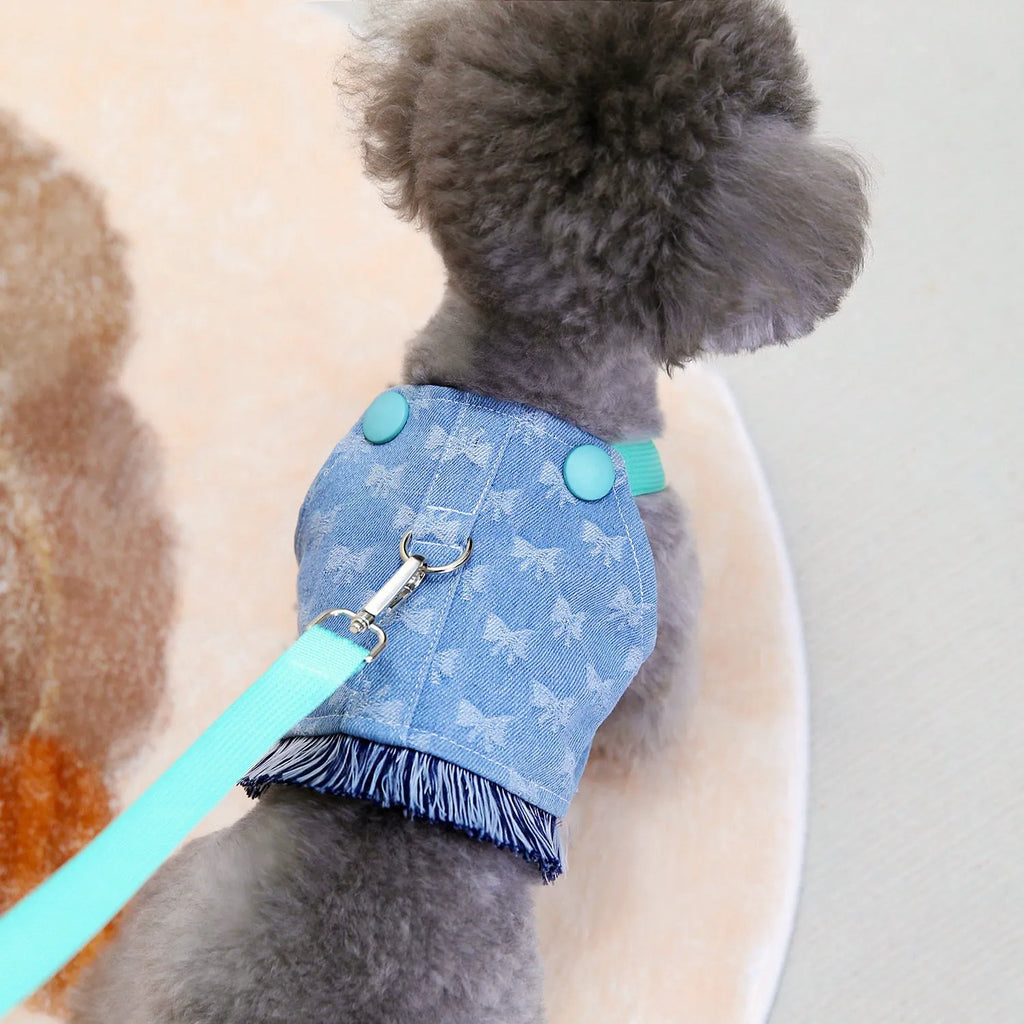 Cotton denim pet vest full bottom bow for dogs light blue size M