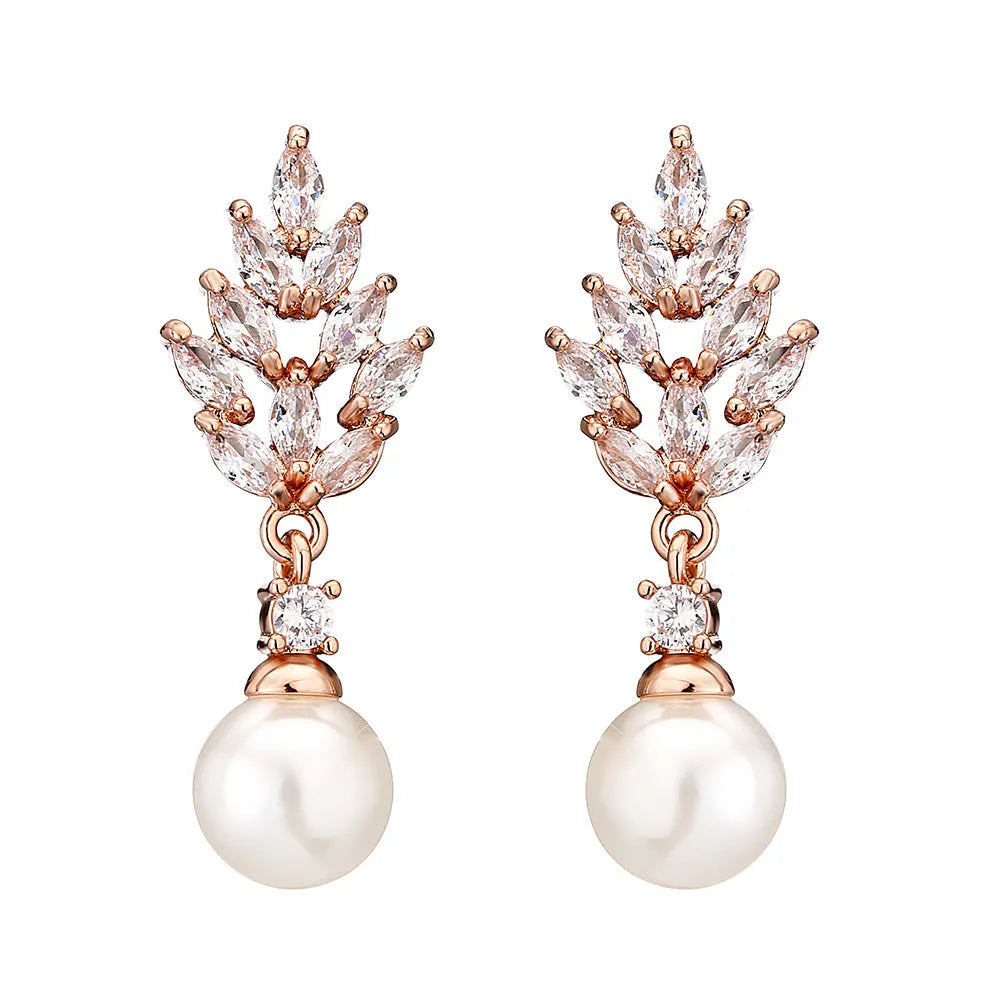 Geometric women's earrings with micro inlaid zircon stones and pearl accents in three metal colours