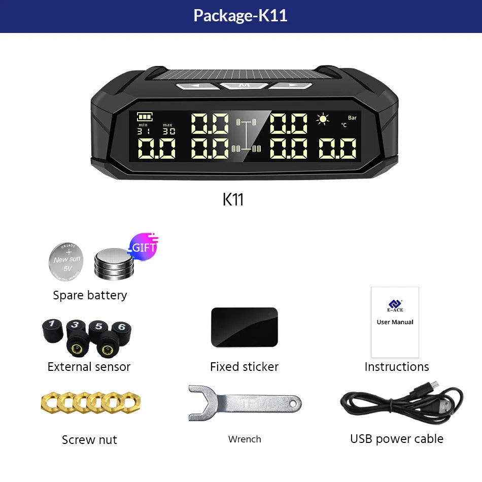 Solar-powered external tyre pressure monitor system for six truck tyres with colour digital display
