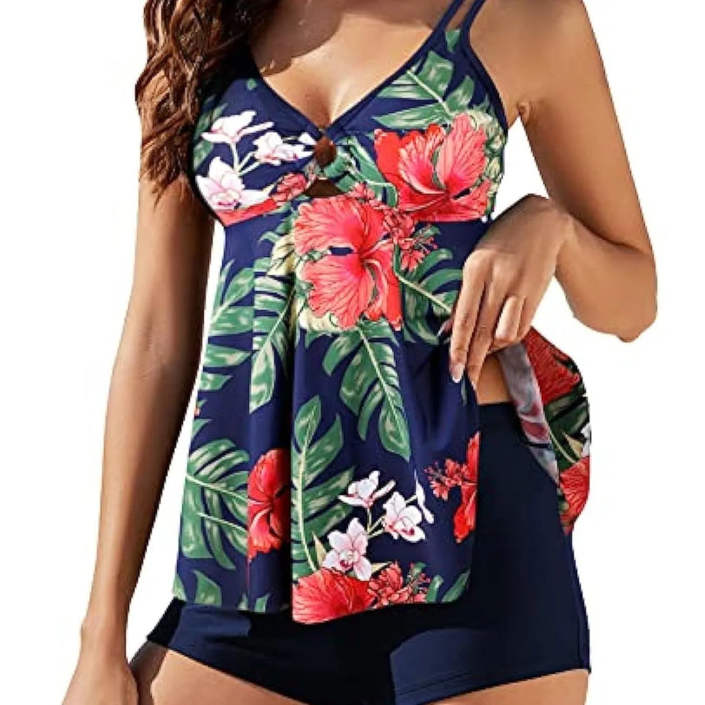 Plus size two-piece printed swimsuit set with suspender skirt and boxer bikini in black showing high waist and triangle top.