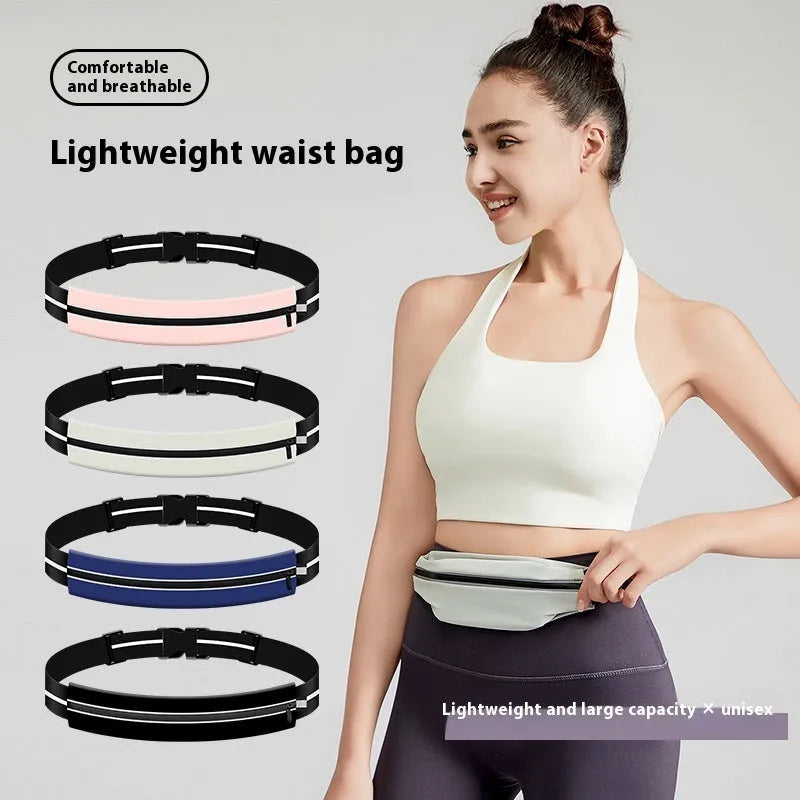 Lightweight waterproof running pouch in black with stretch fit and reflective strip for outdoor sports