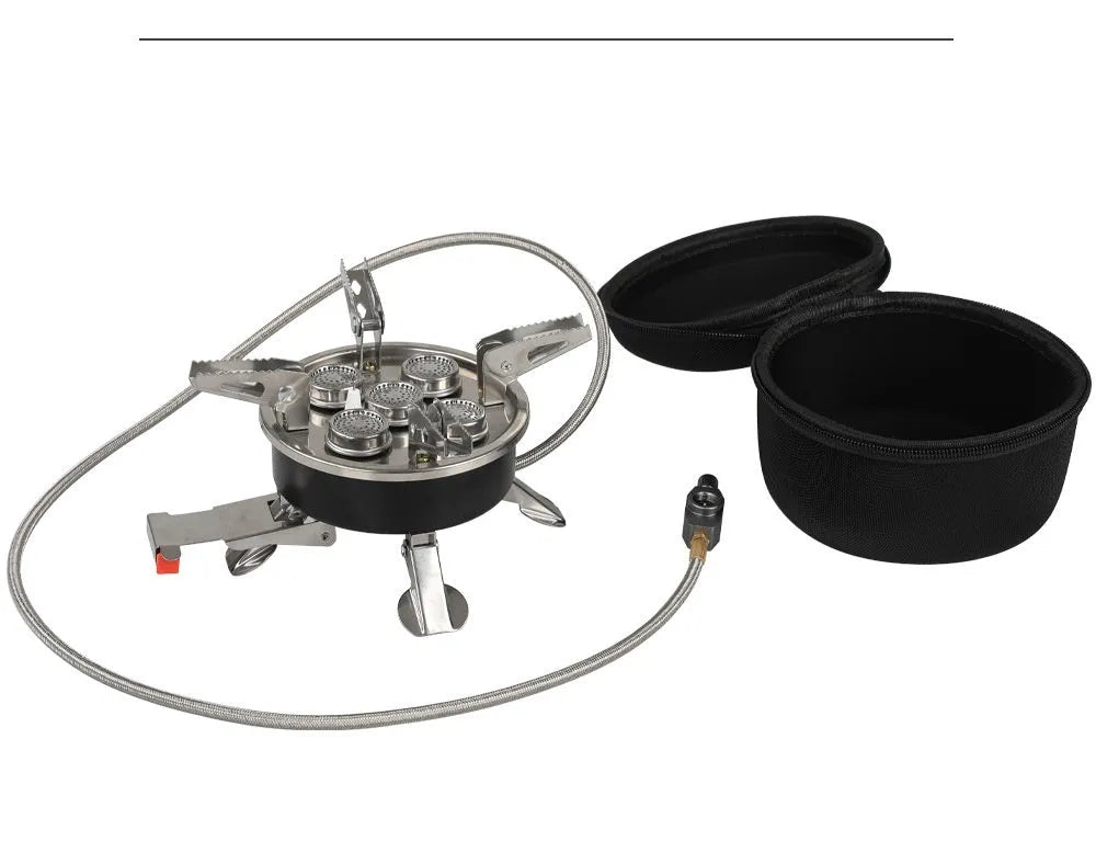 Silver portable split camping stove with fuel hose, shown folded, for outdoor picnic and backpacking.