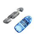 Transparent plastic USB card reader with LED light and memory card inserted, next to its card holder.