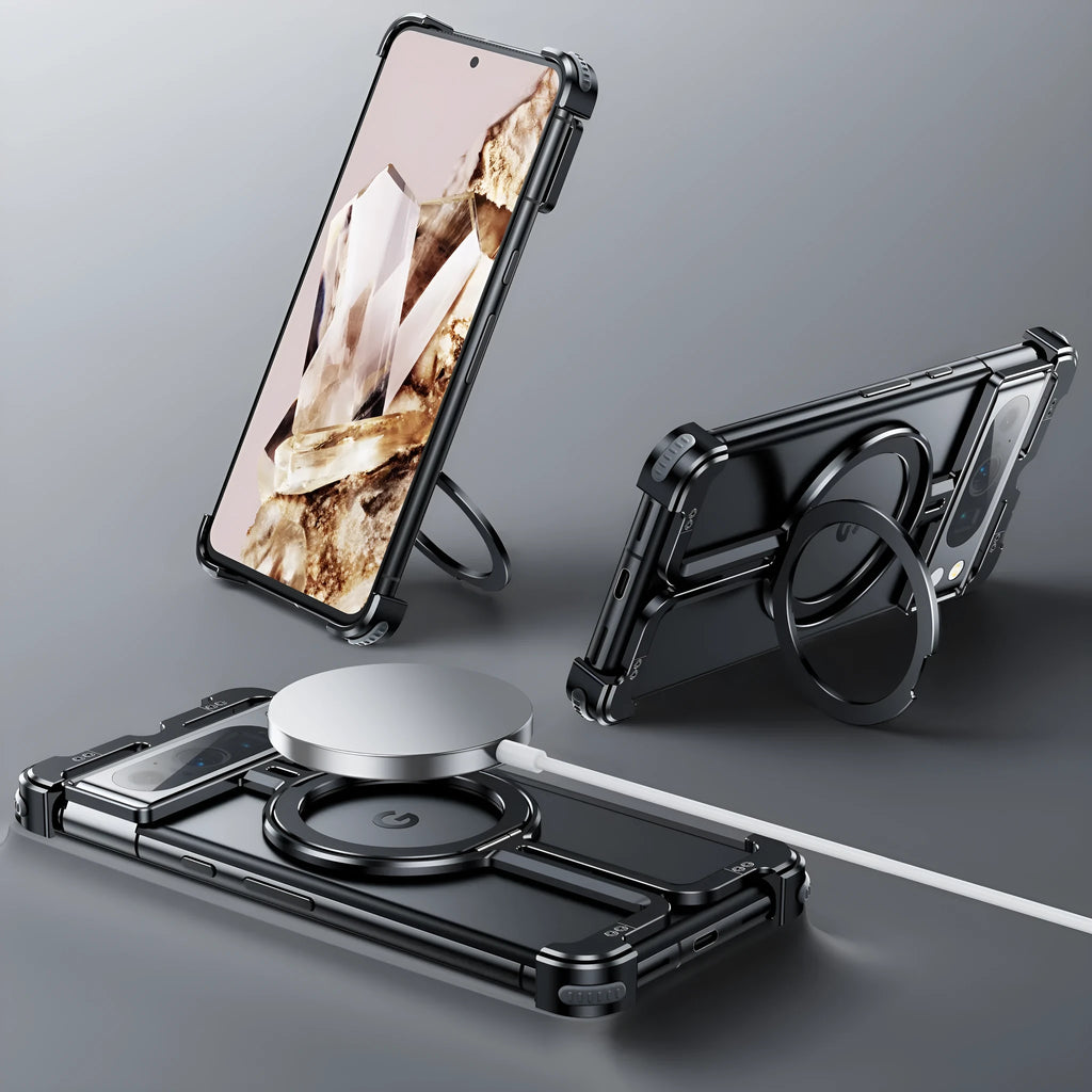 Google Pixel 9 Pro Fold aluminium alloy phone case with black finish, magnetic bracket, and rotatable stand