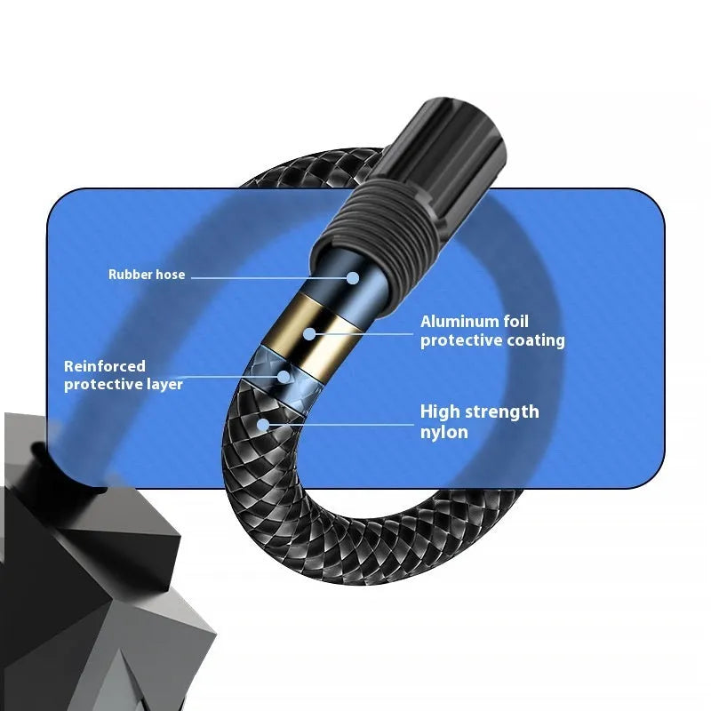 Black portable digital tyre inflator with display and light, shown with its power cord and hose.
