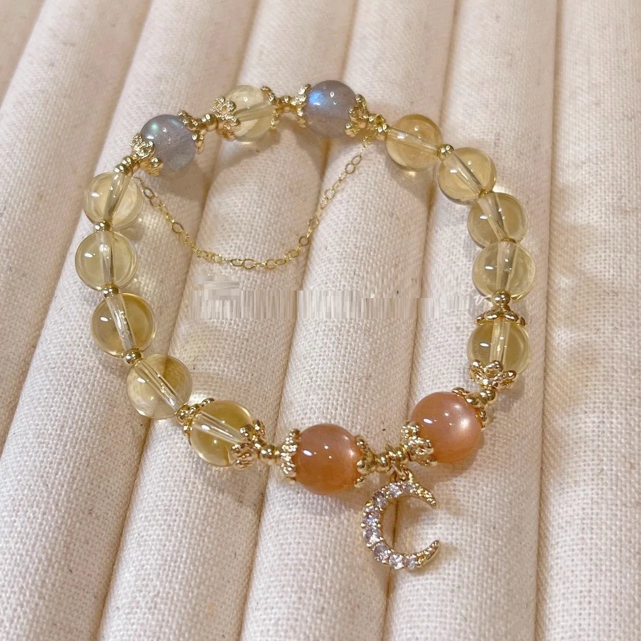 Chinese style women's crystal bracelet with electroplated 14K gold gilding and citrine moonstone centrepiece