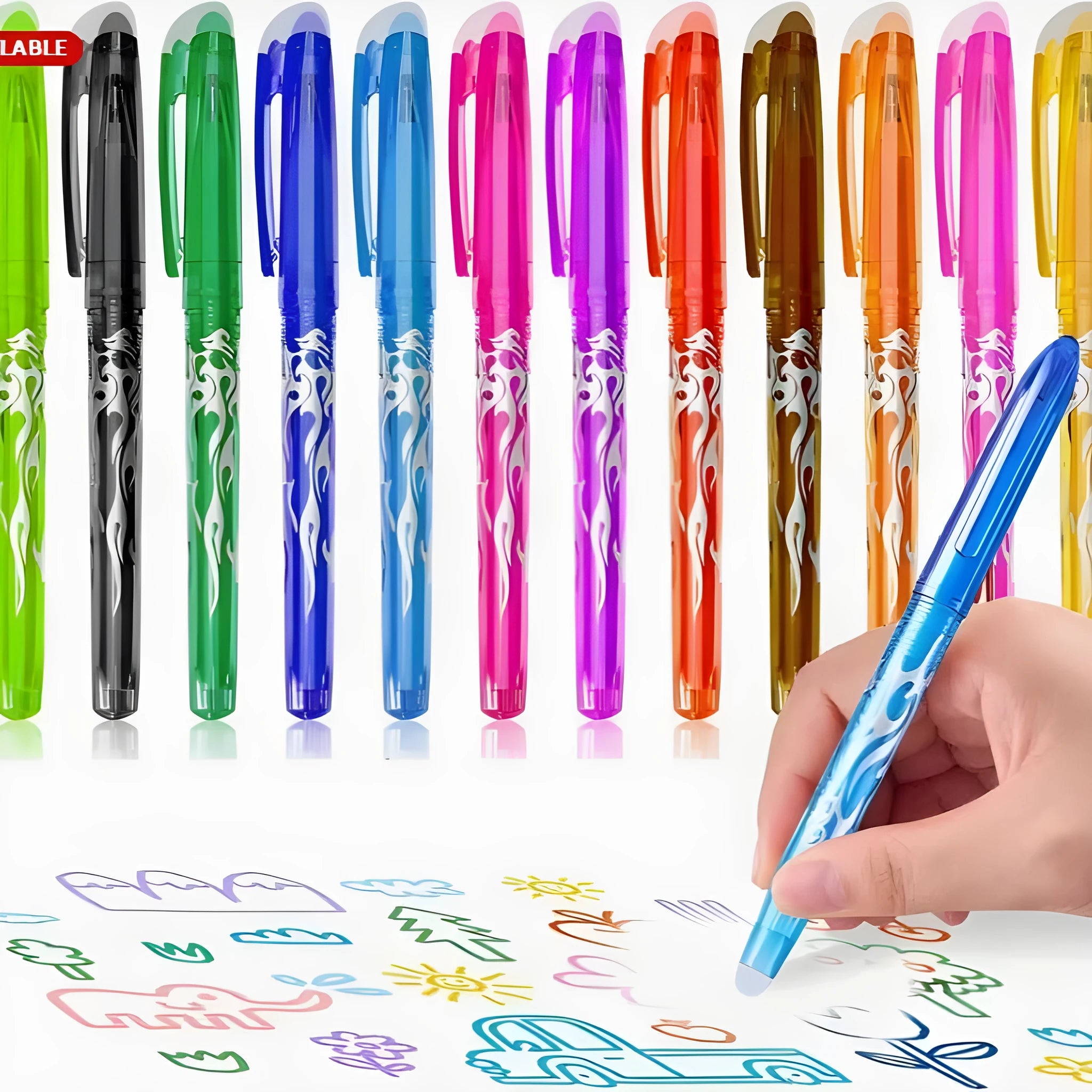 Set of hot erasable gel pens in multiple colours with plastic shells and stainless steel nibs.