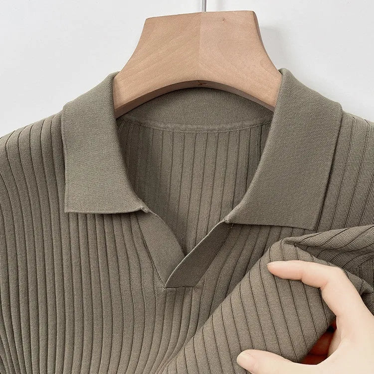 Men's striped mulberry silk T-shirt with lapel collar in multiple colour options