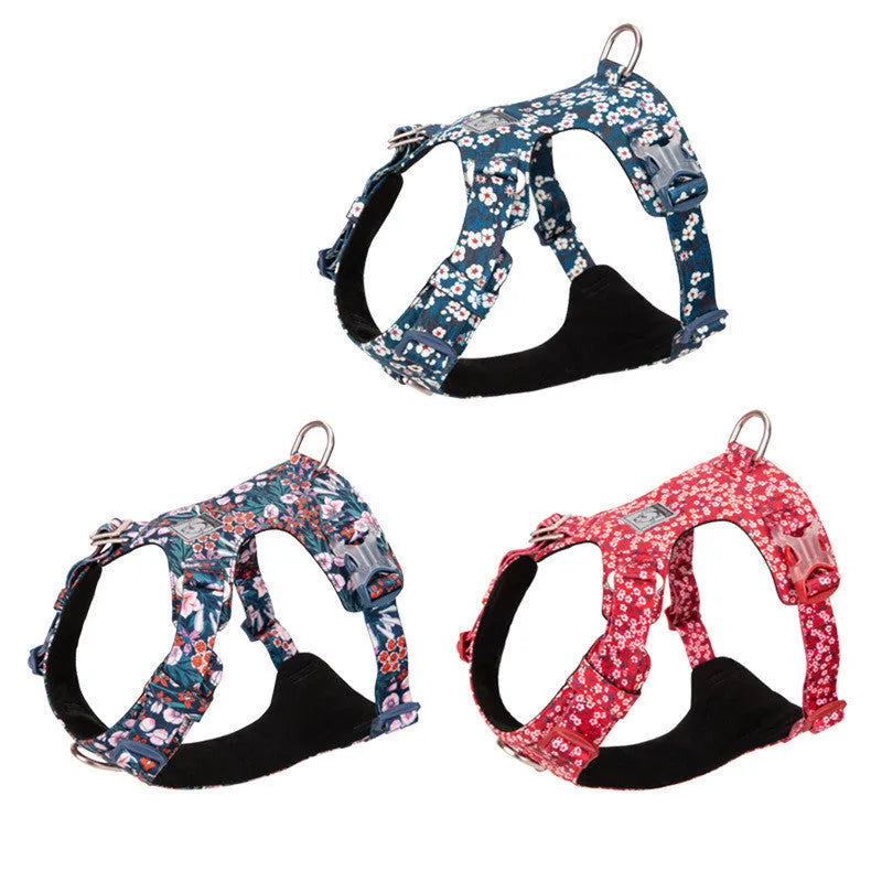 Floral pattern pure cotton dog chest harness with pull-resistant strap on size adjustment