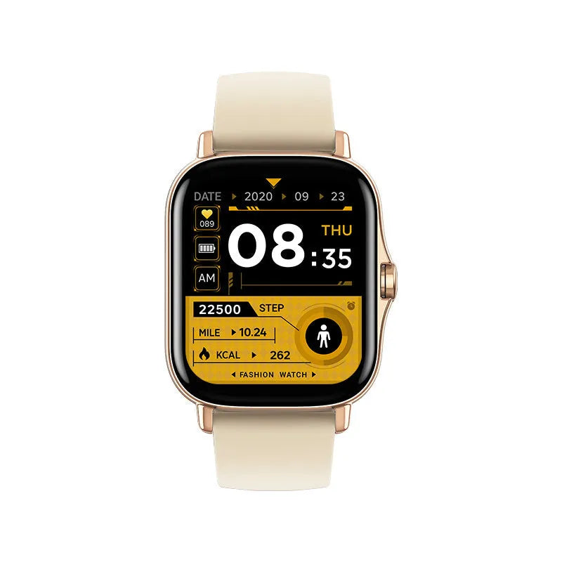GT20 smartwatch with black alloy case and silicone strap showing heart rate and call functions on screen