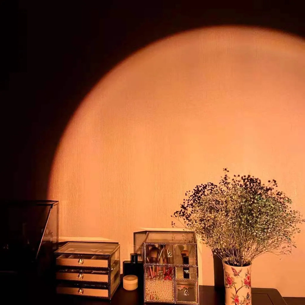 Red sunset and rainbow projection lamp with USB rechargeable operation and push-button controls