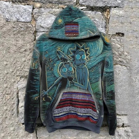 Men's polyester fleecy hoodie, long sleeve pullover with round neck, six print styles, sizes S to 6XL