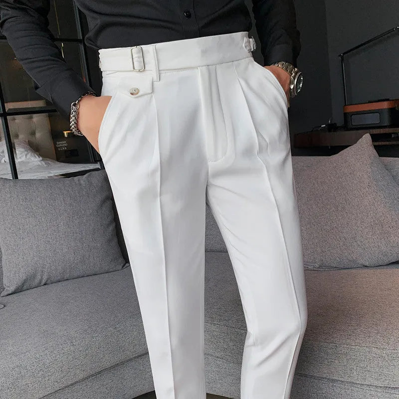 A pair of straight-leg casual trousers in a solid colour, laid flat to show the fit.