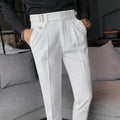 A pair of straight-leg casual trousers in a solid colour, laid flat to show the fit.
