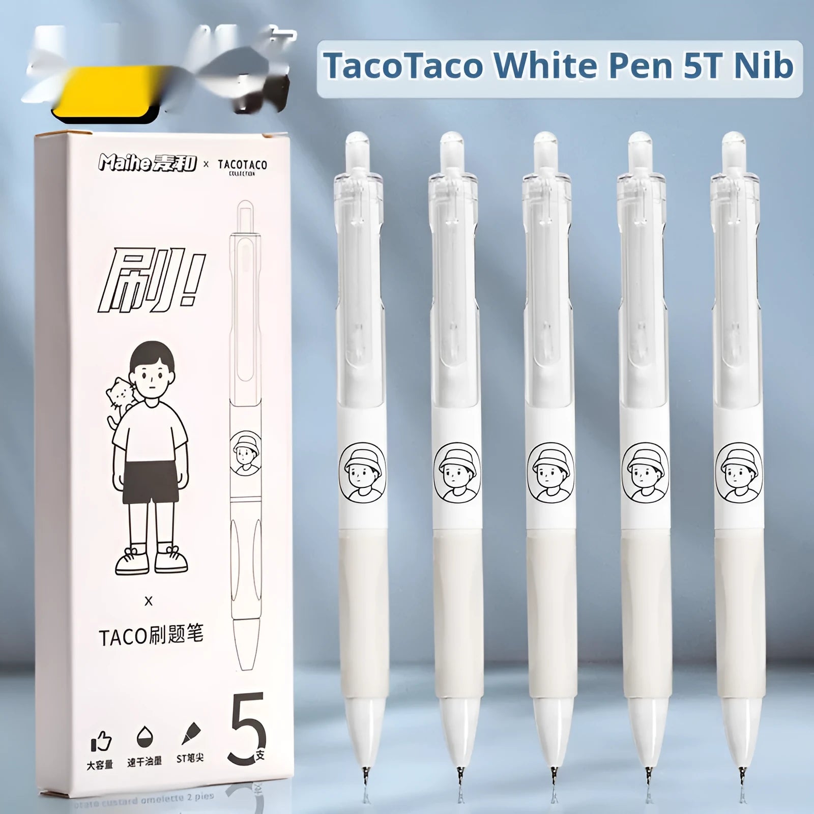 Set of five white and black 0.5mm ballpoint pens with quick-drying ink.