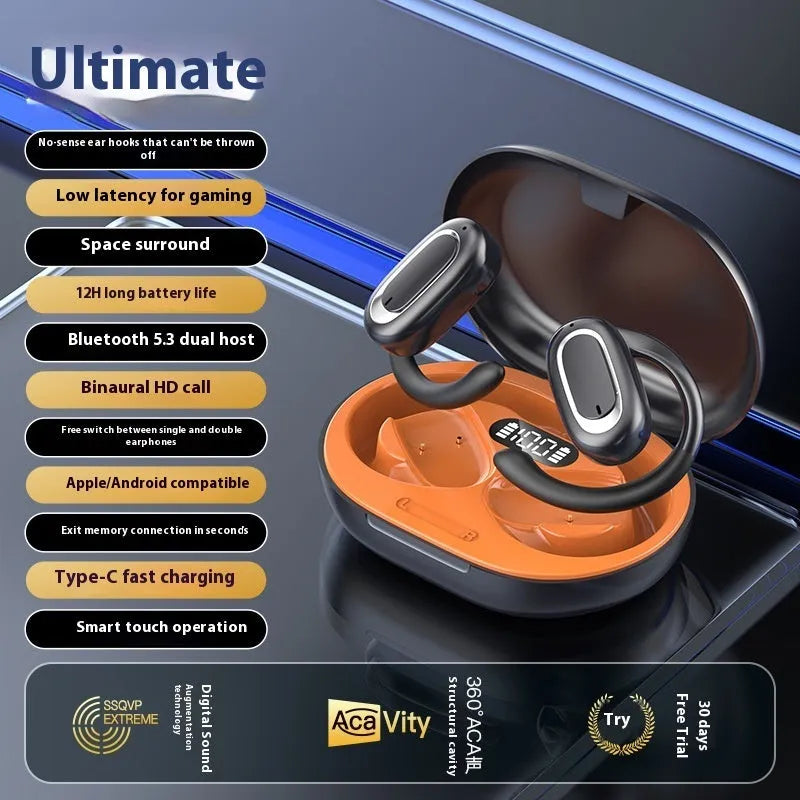 Wireless Bluetooth headset with digital display screen, ear-hook design, black orange colour, noise reduction sports earphones