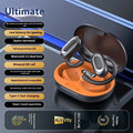 Wireless Bluetooth headset with digital display screen, ear-hook design, black orange colour, noise reduction sports earphones