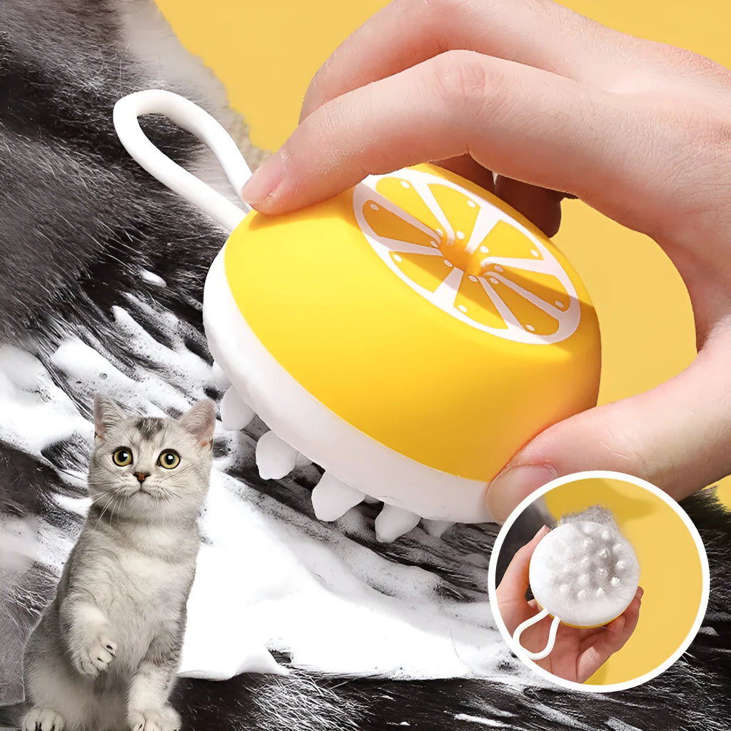 Yellow silicone pet bath brush showing massage head and combed grooming sides for dog and cat washing