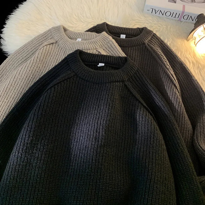 Men's loose casual long sleeve pullover sweater in black, brown, and greige colours, 100 percent polyester