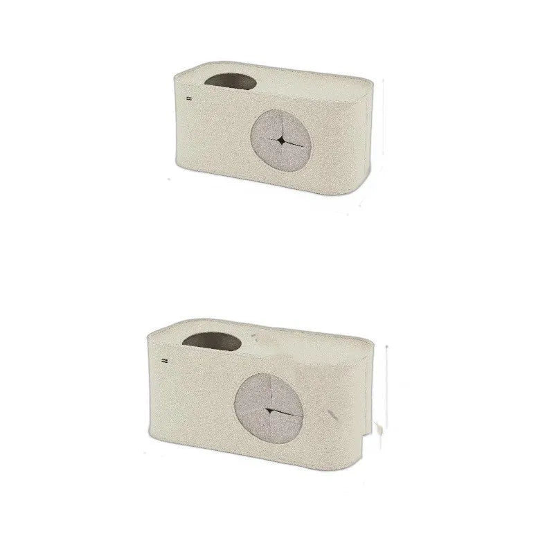 Foldable felt cat nest pet bed in khaki colour, shown in its unfolded cage-like form.