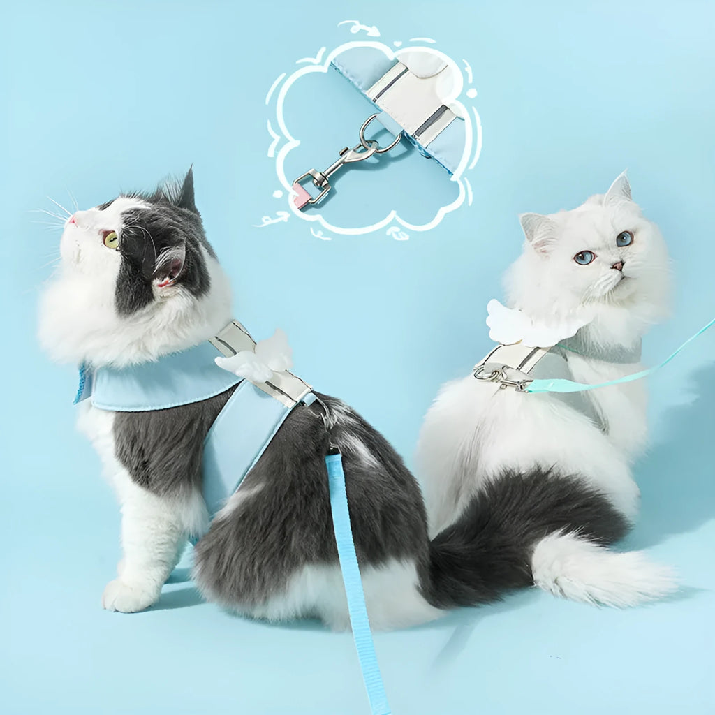 Adjustable cat harness and leash set with angel wings design, breathable air mesh, blue or green, sizes S to XL