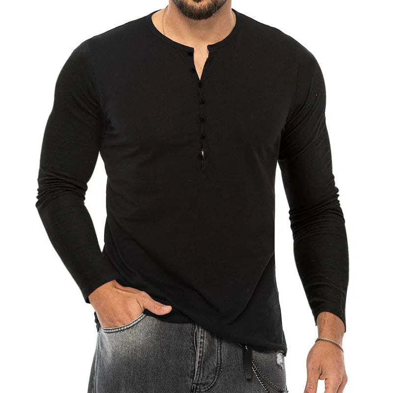 Men's long sleeve Henry shirt in breathable polyester, shown in multiple colours and sizes S to 3XL.