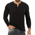 Men's long sleeve Henry shirt in breathable polyester, shown in multiple colours and sizes S to 3XL.