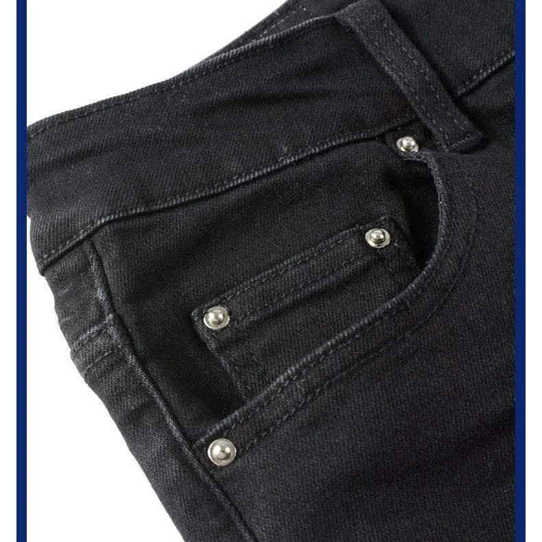 Black Patch Pleated Jeans For Men Cotton 98% Micro-elastic Double Waistband Zipper Placket Casual Trousers Black Asian Sizes 28-40
