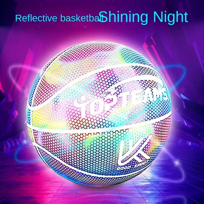 Size 7 fluorescent basketball with holographic reflective surface in chroma and white colours.