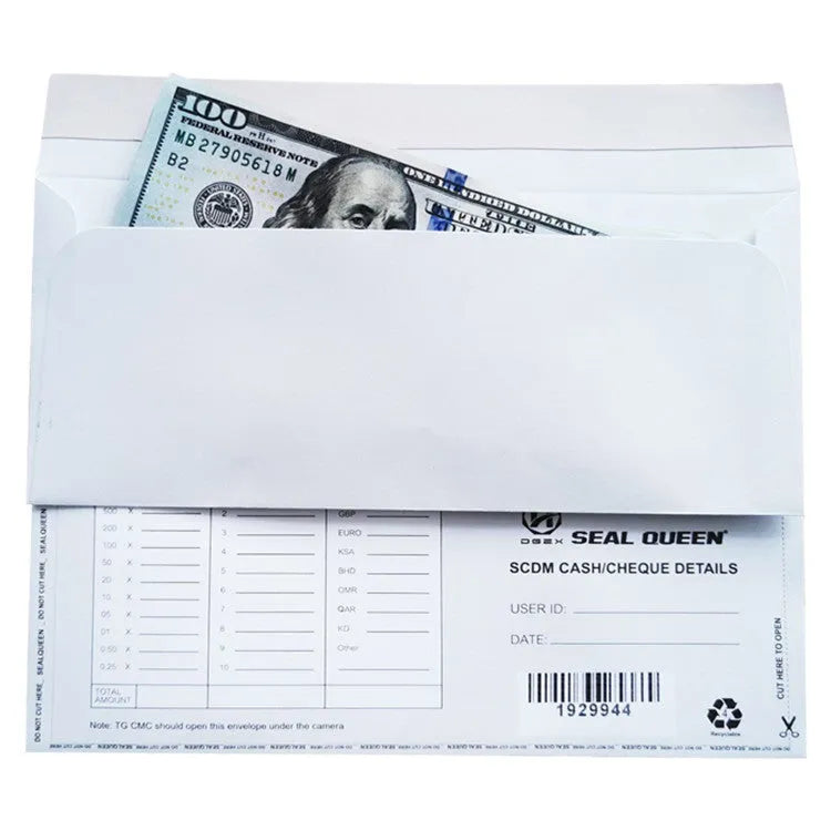 Blue anti-opening confidential envelope showing self-adhesive closure and 105x240mm dimensions