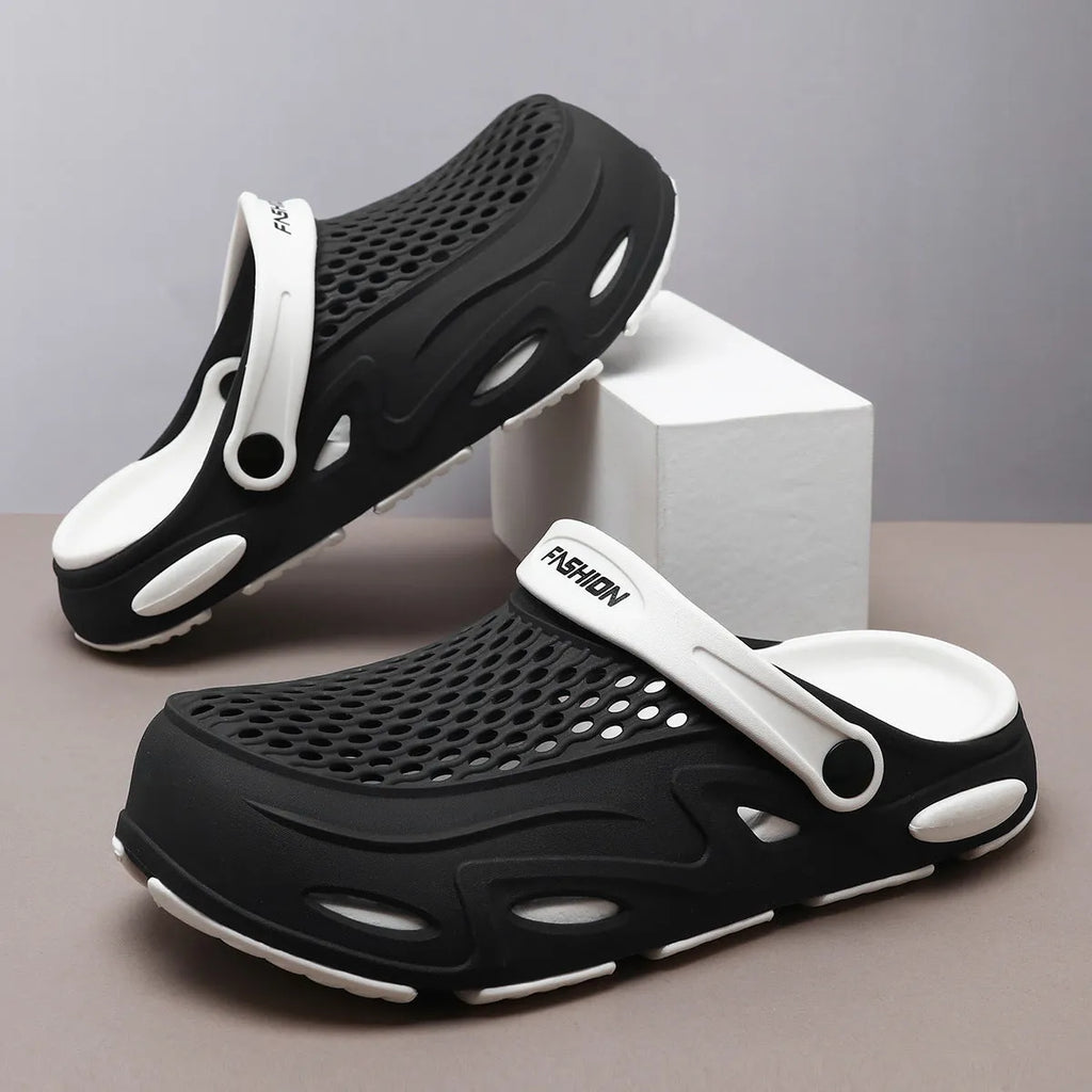 Men's grey closed toe beach slippers with non-slip sole and round toe design