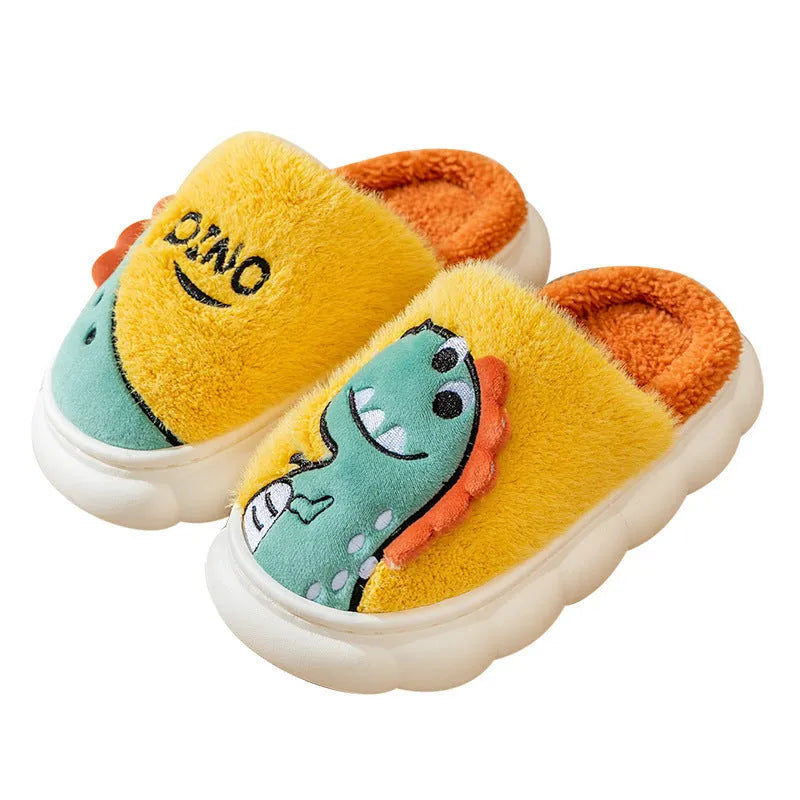Cotton plush couple slippers with dinosaur patterns in grey, coffee and orange colour options