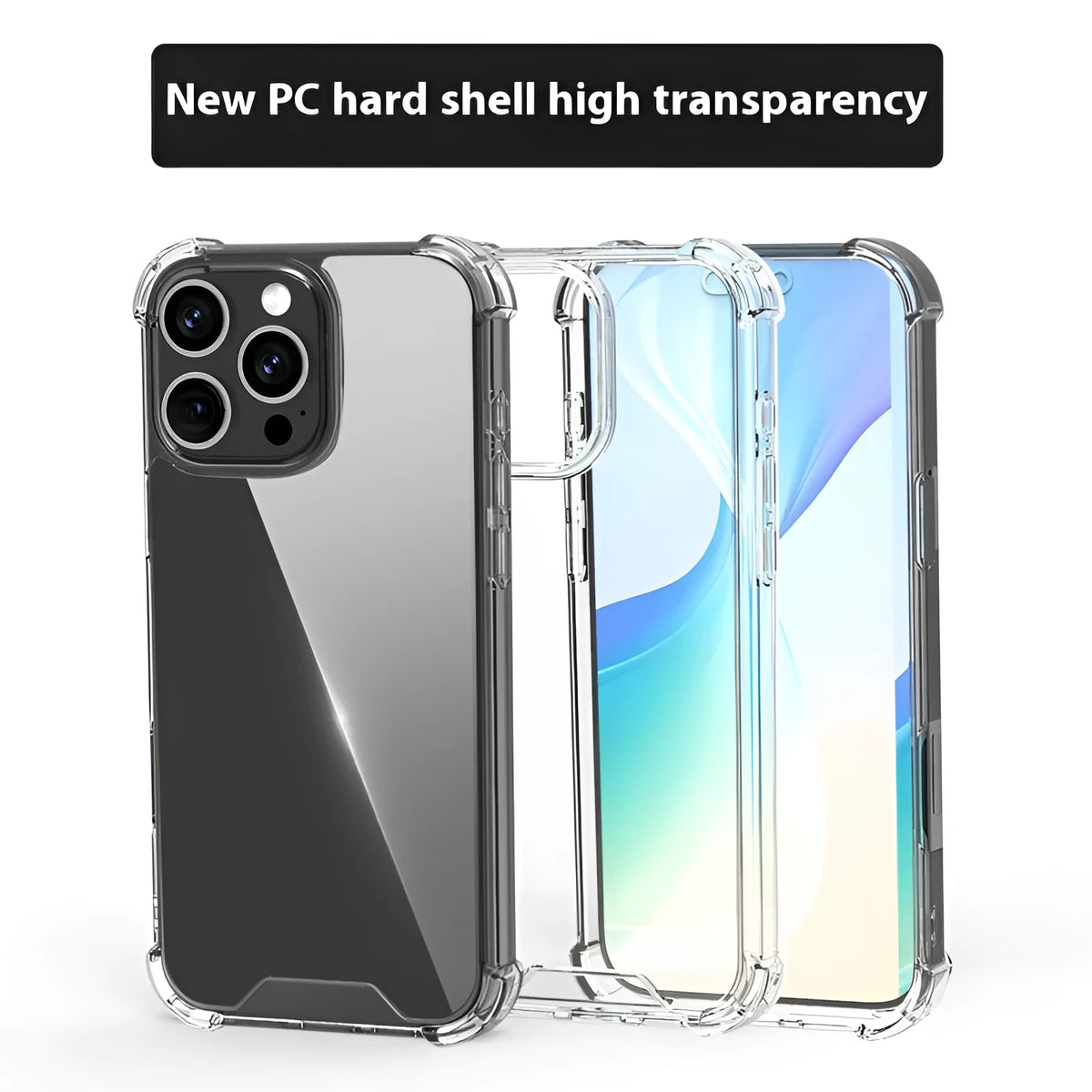 Transparent anti-fingerprint phone case for iPhone 15 with airbag corners on a white background
