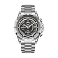 Men's waterproof luminous casual quartz watch with a steel belt, shown in black and blue, black and gold, and silver and white colour options.