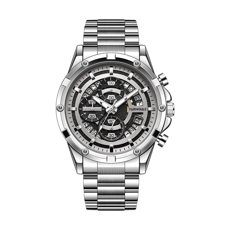 Men's waterproof luminous casual quartz watch with a steel belt, shown in black and blue, black and gold, and silver and white colour options.