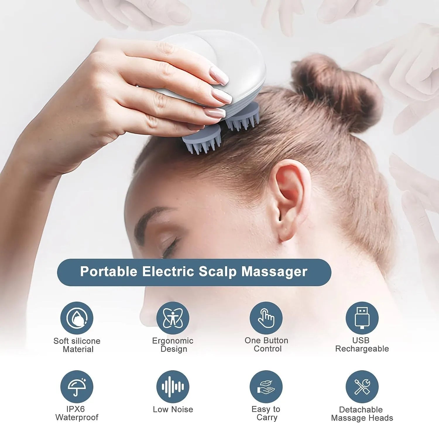 Blue handheld electric pet massager with four rotating heads on a white background