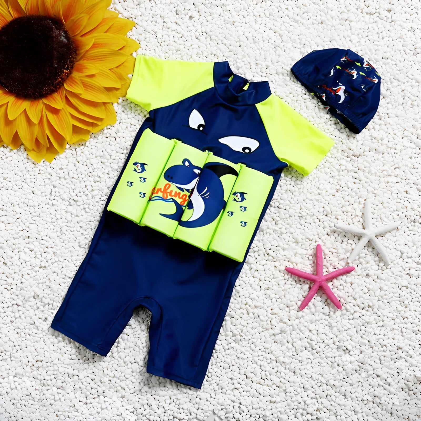 Children's buoyancy swimsuit in nylon fabric with cartoon or plaid design for pool learning.