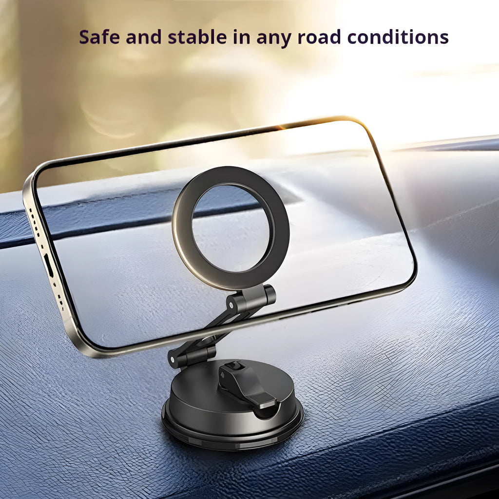 Black car magnetic phone holder with suction cup mount and 360-degree rotating ball joint