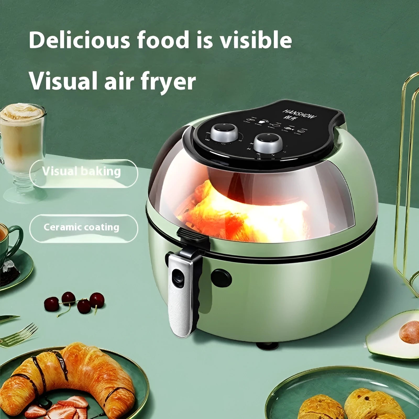 8-litre ceramic air fryer oven with visible cooking window and mechanical button controls