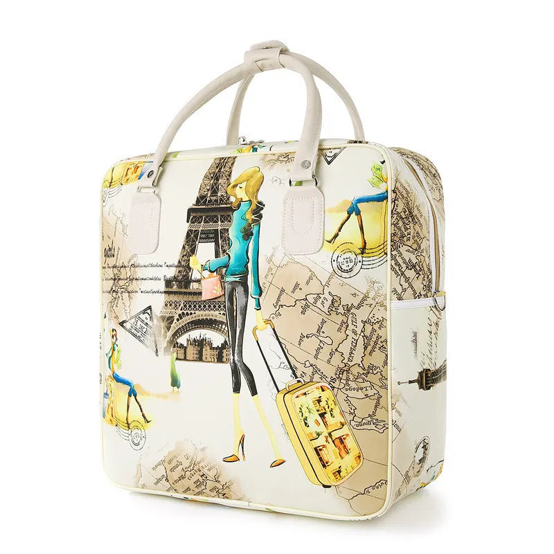 Medium sized cartoon cute square vertical travel handbag in PU leather with three-dimensional pocket