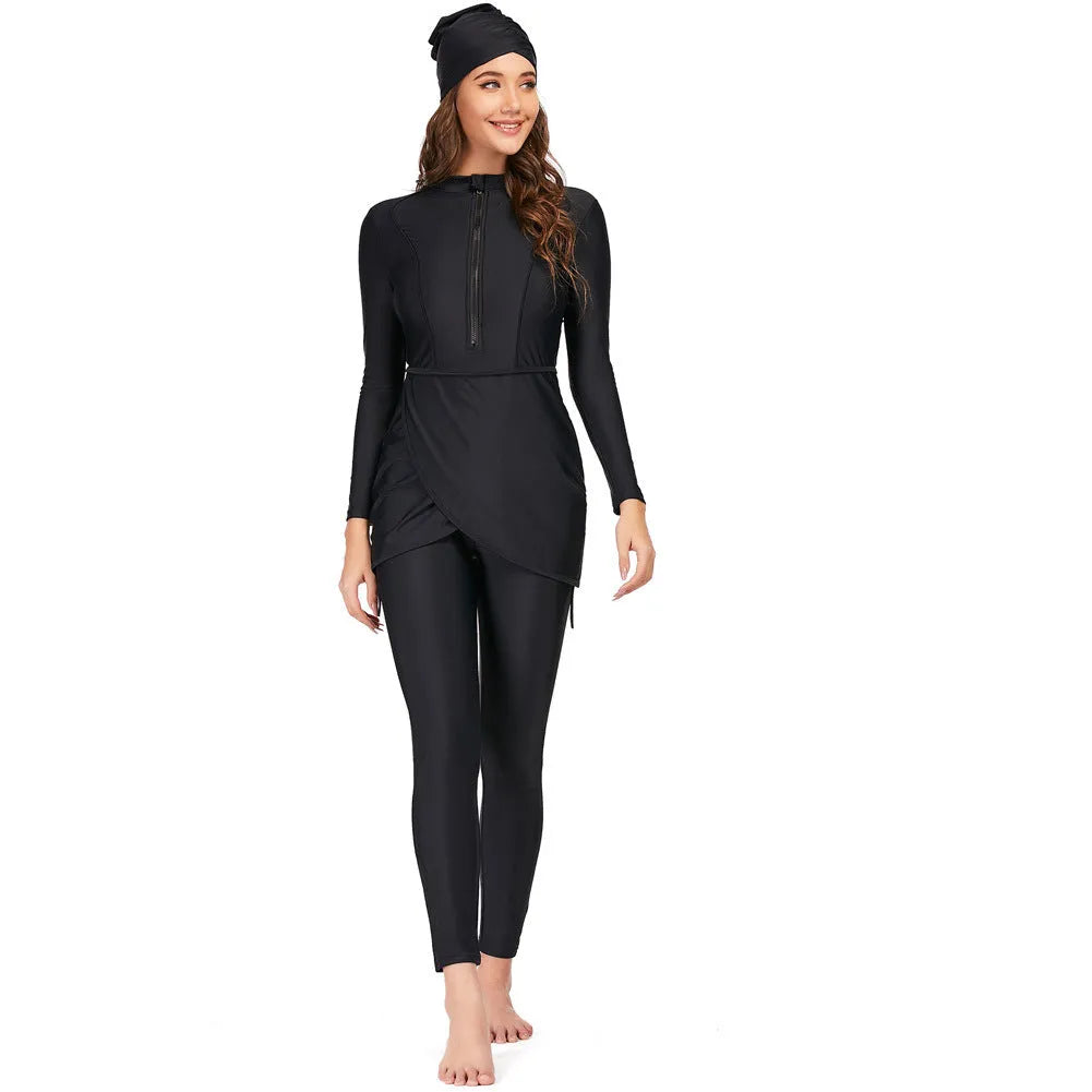 Black conservative Muslim swimsuit for ladies with separate top and pants, quick-dry fabric