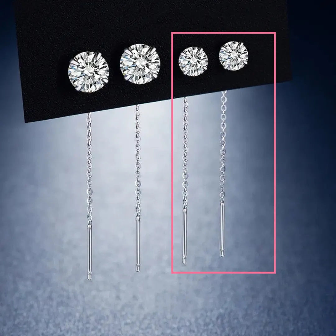 Sterling silver needle ear string earrings with hanging charm selection showing pearl, zircon, clay ball and geometric design options