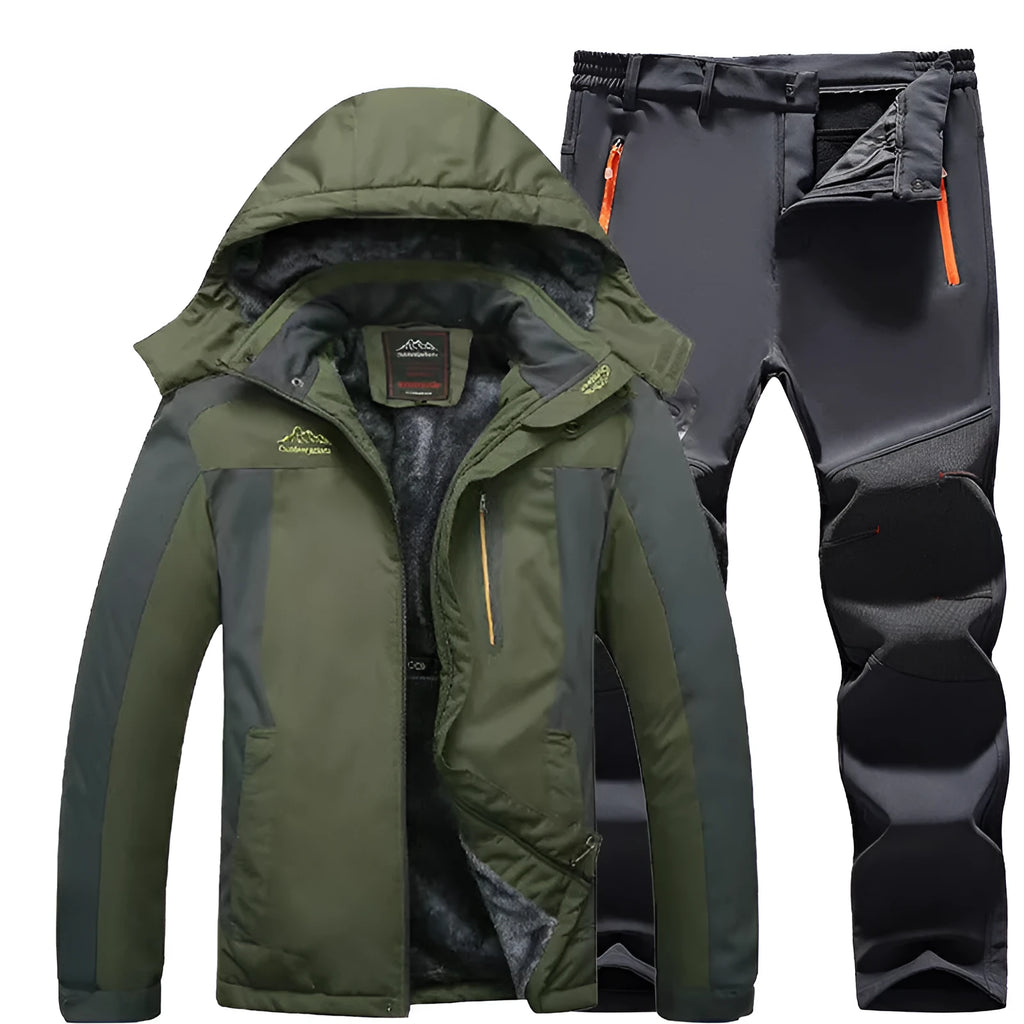 Men's outdoor windproof jacket set with pants in black and army green colour blocking, polyester fabric, for hiking and camping.