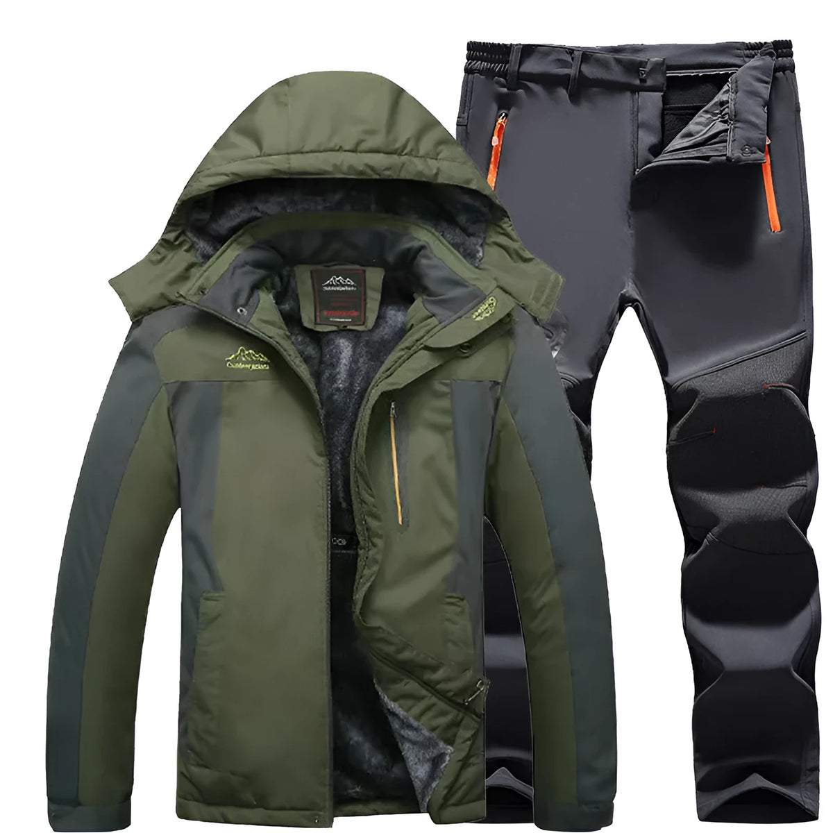 Men's outdoor windproof jacket set with pants in black and army green colour blocking, polyester fabric, for hiking and camping.